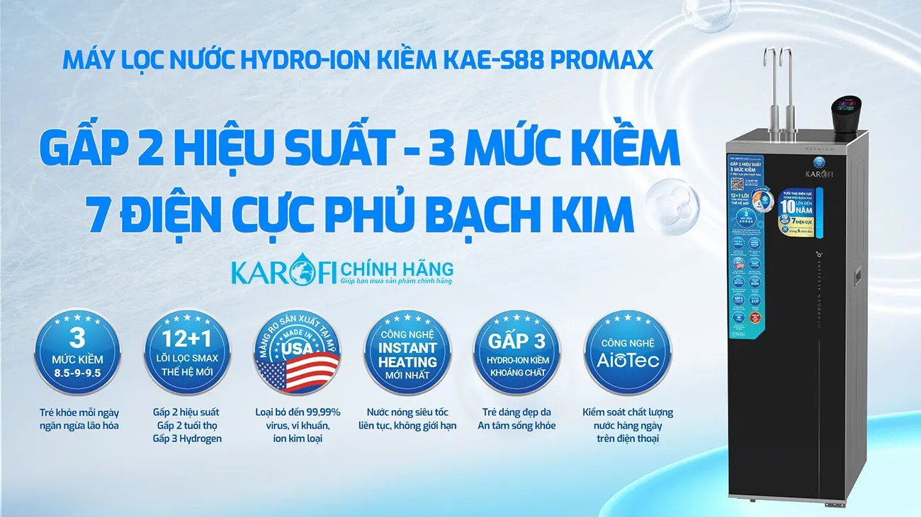 Máy lọc nước Hydrogen Ion Kiềm (Nóng Lạnh Nguội) Karofi S88 ProMax